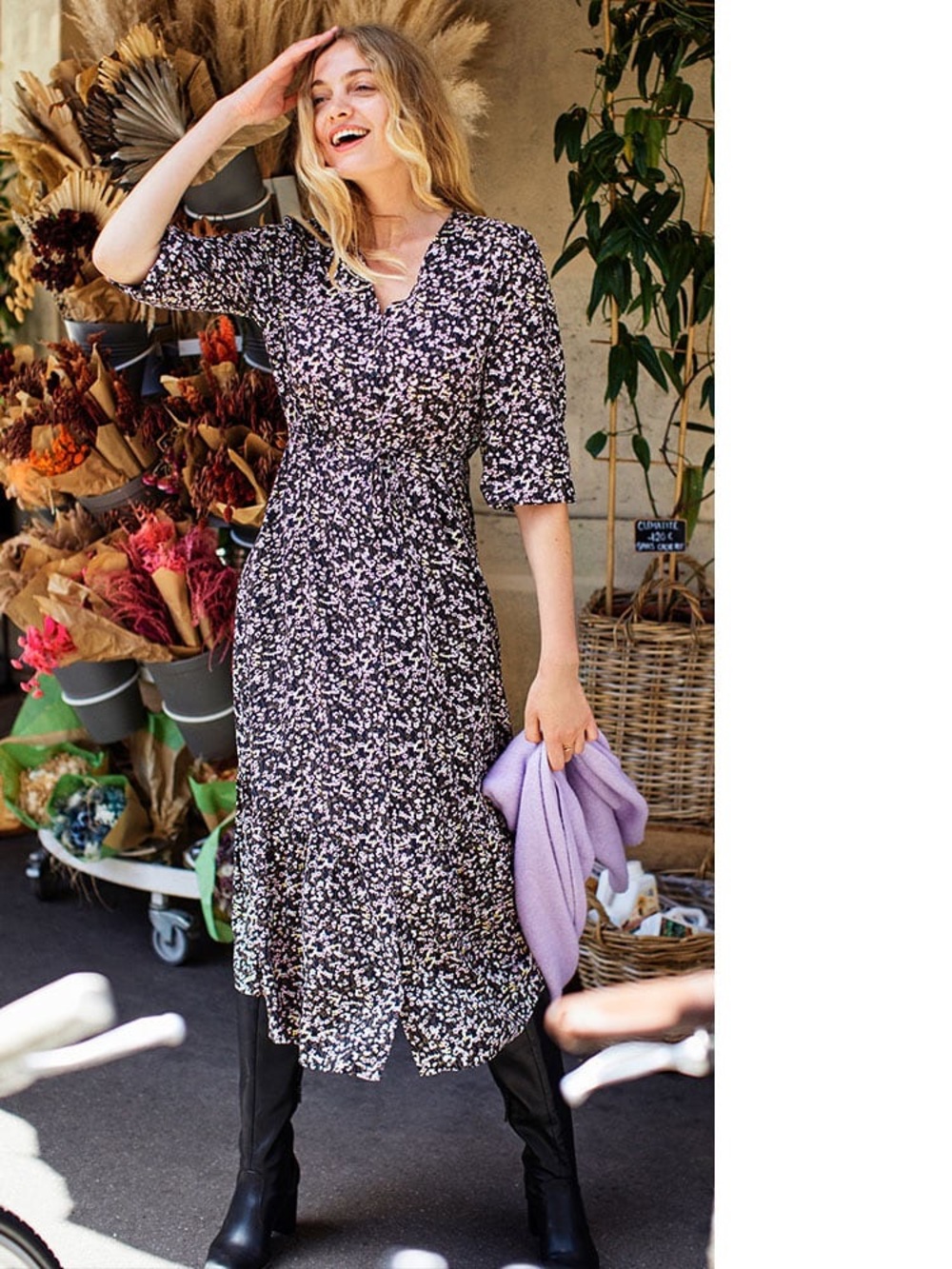 Uniqlo Rayon Floral Midi Dress Black Pink Tie Waist V Neck Button Front Small - Picture 3 of 16